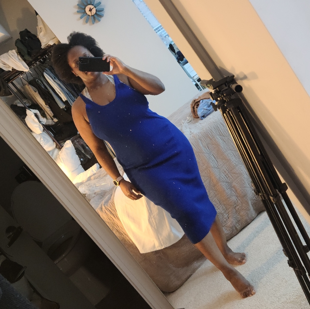 Cobalt blue knit pencil dress with back tie detail